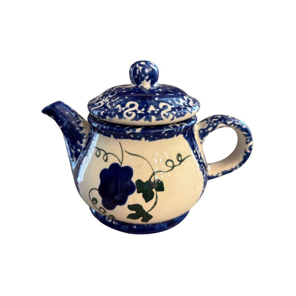 Blue White Spongeware Floral Ceramic Teapot Hand Painted Folk Art 6.5in